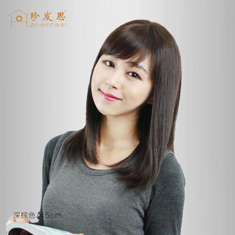 中年假发女长发全头自然斜浏海黑色长直发妈妈光头真发整顶假发套