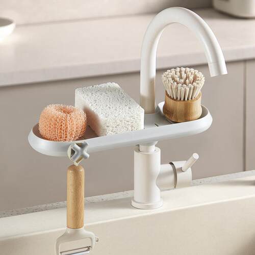 A minimalist kitchen faucet storage rack for dishcloths, veg