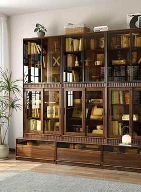 黑?墙胡桃木实木书柜客厅防组合满一体卡座落73769地储物柜尘组合