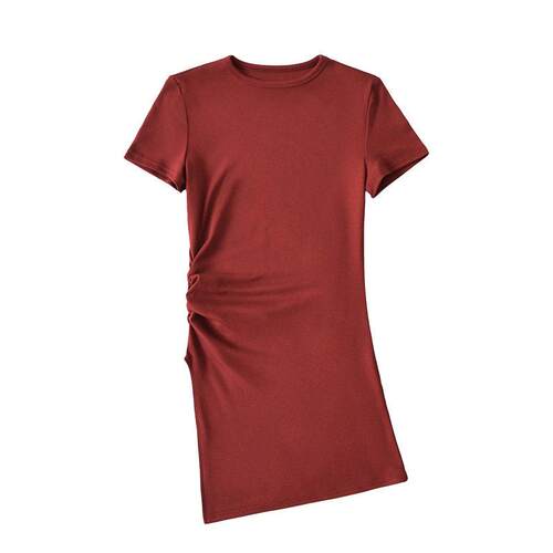 Side slit waist cinched round neck short sleeved T-shirt,