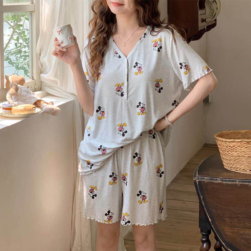 夏季带胸垫莫代尔月子服哺乳短裤短袖套装家居服哺乳上衣孕妇睡衣