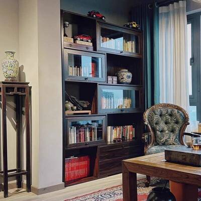 美式伸缩客书柜物柜一体带玻璃门落地书整墙展示柜DBT厅储置物架