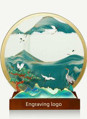 珐琅彩流沙画圆盘摆件定制乘风破浪办公室桌家居装饰高档乔迁礼物