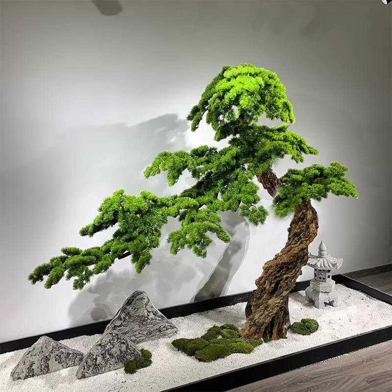 仿真迎客松造景松树新中式大型罗汉松景观搭配楼梯间橱窗绿植装饰