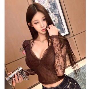 直播衣服女主播性感妖媚显胸大薄款蕾丝领胸衣辣妹长袖打底衫秋