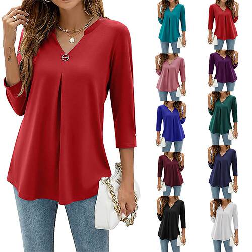 Seven inch sleeve tight fitting decorative buckle T-shirt