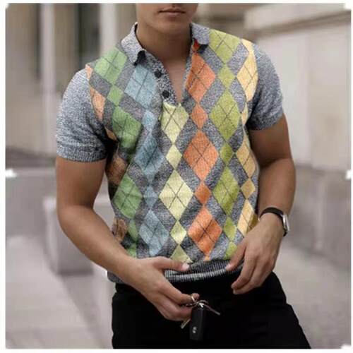 Men's striped printed buckle short sleeved shirt