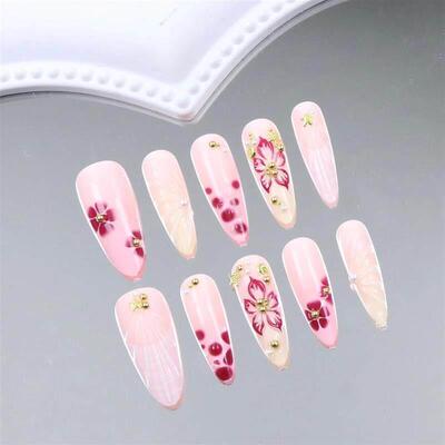 10PCS Press on Nails Medium Almond Fake Nails With 3D Flower