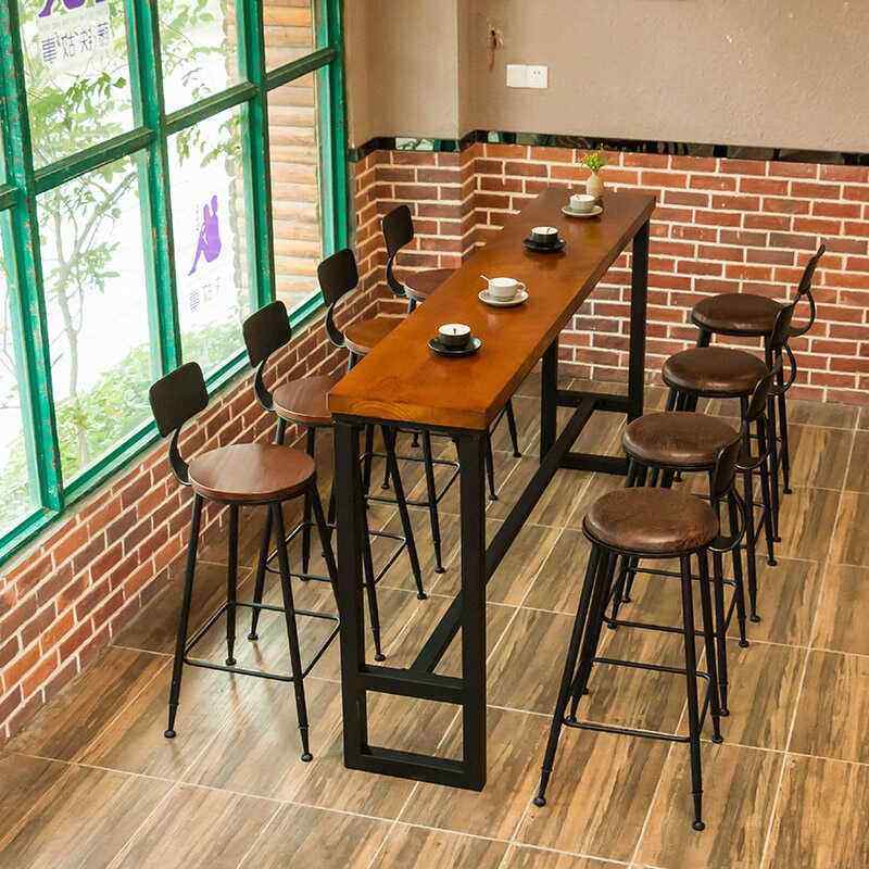 铁艺实木吧台桌椅组合家用酒吧咖啡厅奶茶店高脚凳靠墙长条桌子