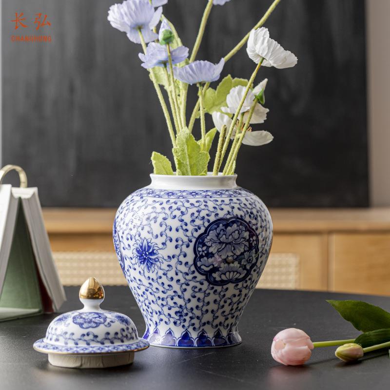 长弘 复古青花陶瓷花瓶中式客厅插花瓶别墅装饰家居摆设中式花瓶