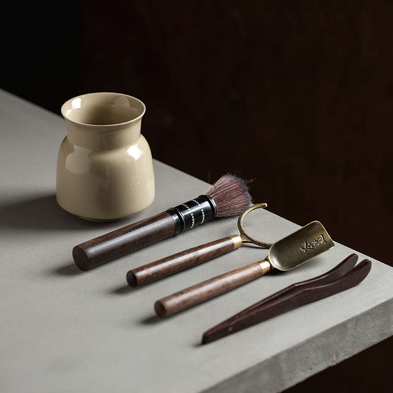 覆古草木灰陶瓷茶道六君子套装黑檀木茶道杯夹茶杯垫功夫茶具配件