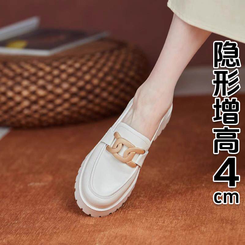 香港英伦风乐福鞋女真皮白色小皮鞋2025春新款一脚蹬松糕中跟包鞋