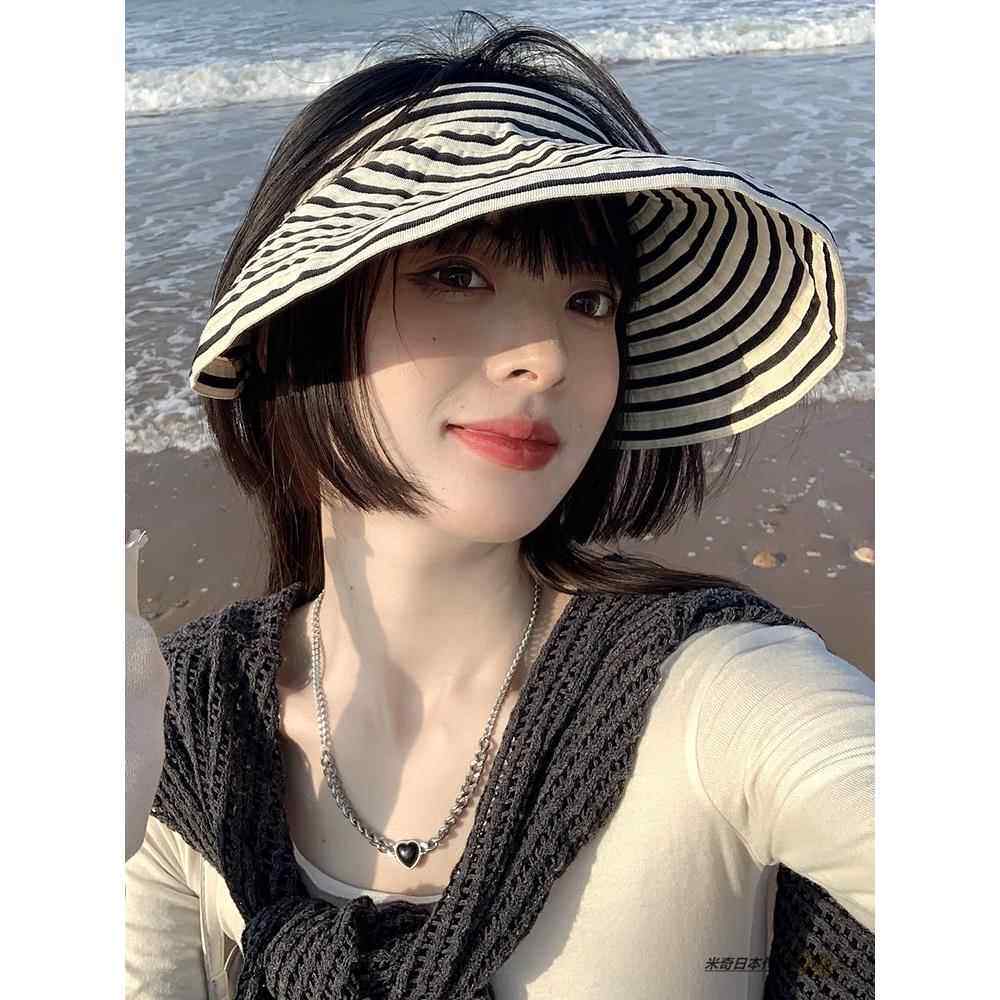 日本帽子女夏时尚无顶遮阳帽夏季黑白条纹骑车防晒可折叠空顶帽潮