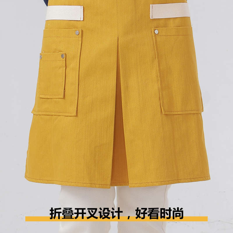 斜纹棉布围裙定制logo折叠开叉款柔软黄色工作围裙批发
