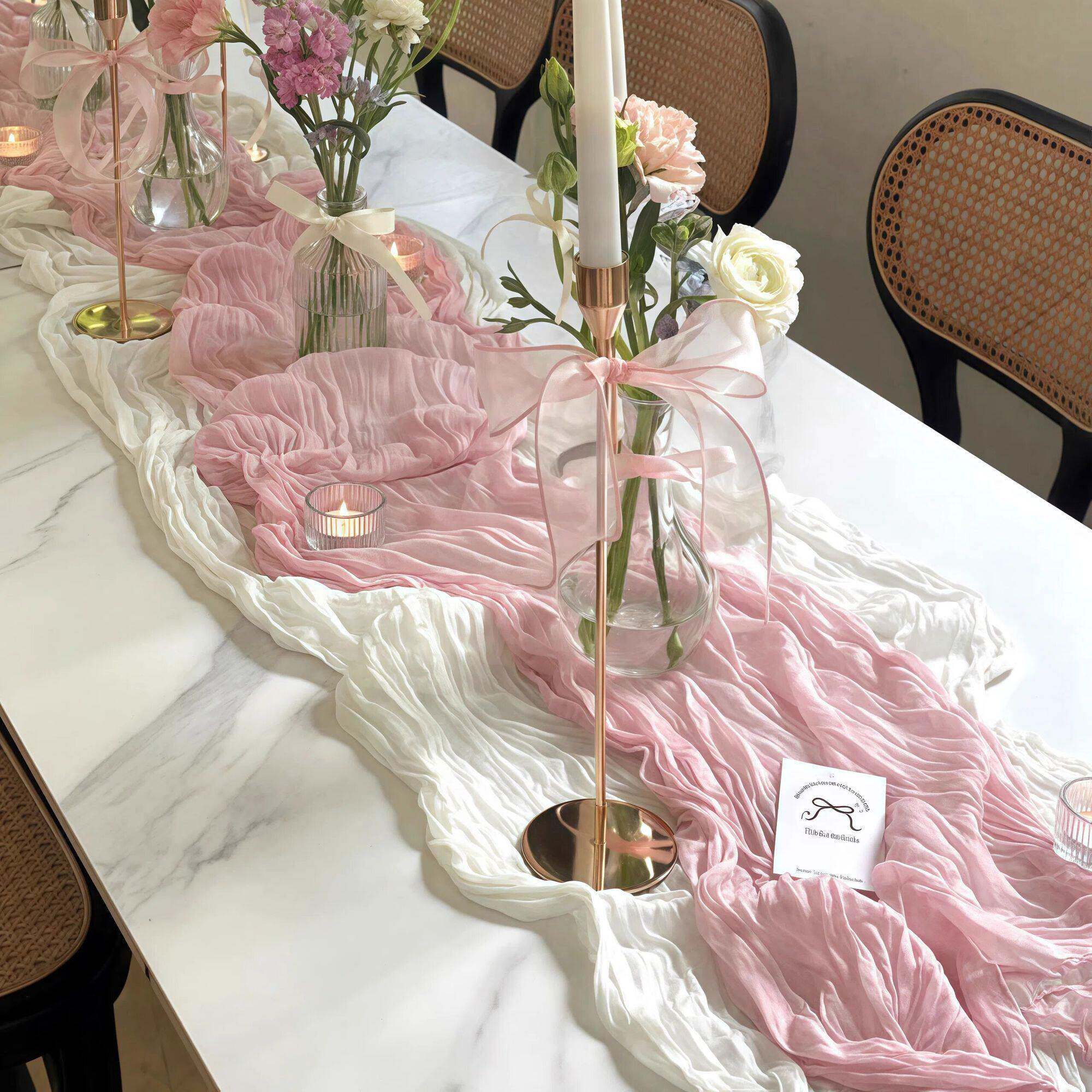 巴厘纱邹布桌旗婚庆派对装饰美人纱幔米色甜品台装饰餐桌粉色桌布