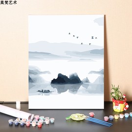 数字油画diy手工填充简约小船泛舟风景画手绘三联画涂色油彩画画