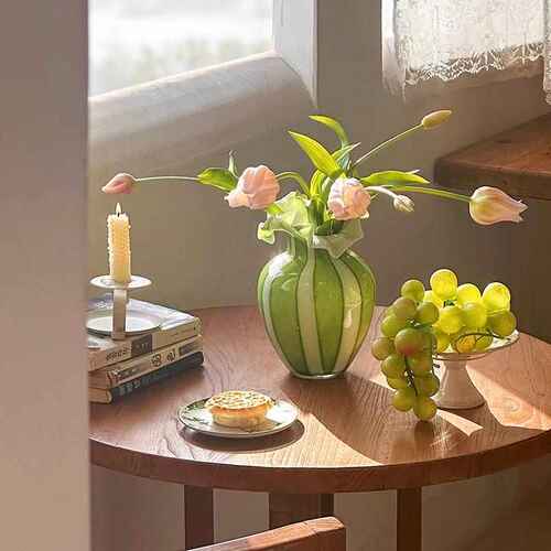 玻璃花瓶绿色花边条纹琉璃花器家居插花桌面装饰法式复古玄关摆件