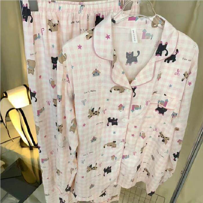 202年新款睡衣女款春季5纯棉OOP纱布袖长裤日长系ins秋小狗家居服