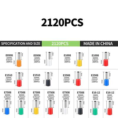 电商电工电气2120pcs0.5-16MM冷压端子套装欧式管型接线环保铜鼻