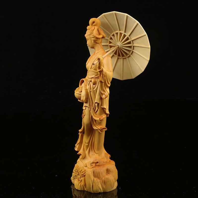 崖柏木雕仕女踏青摆件实木雕刻东方古典美女工艺品家居桌面装饰品