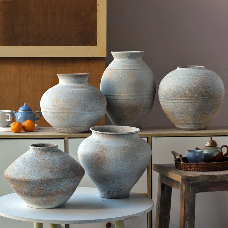 景德镇侘寂风禅意摆件粗陶陶罐手工插花民宿酒店复古怀旧陶瓷花瓶