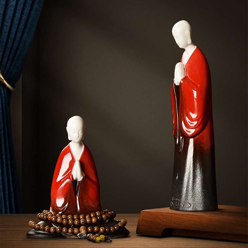 创意陶瓷红衣小和尚摆件家居客厅玄关中式禅意人物装饰工艺品摆设