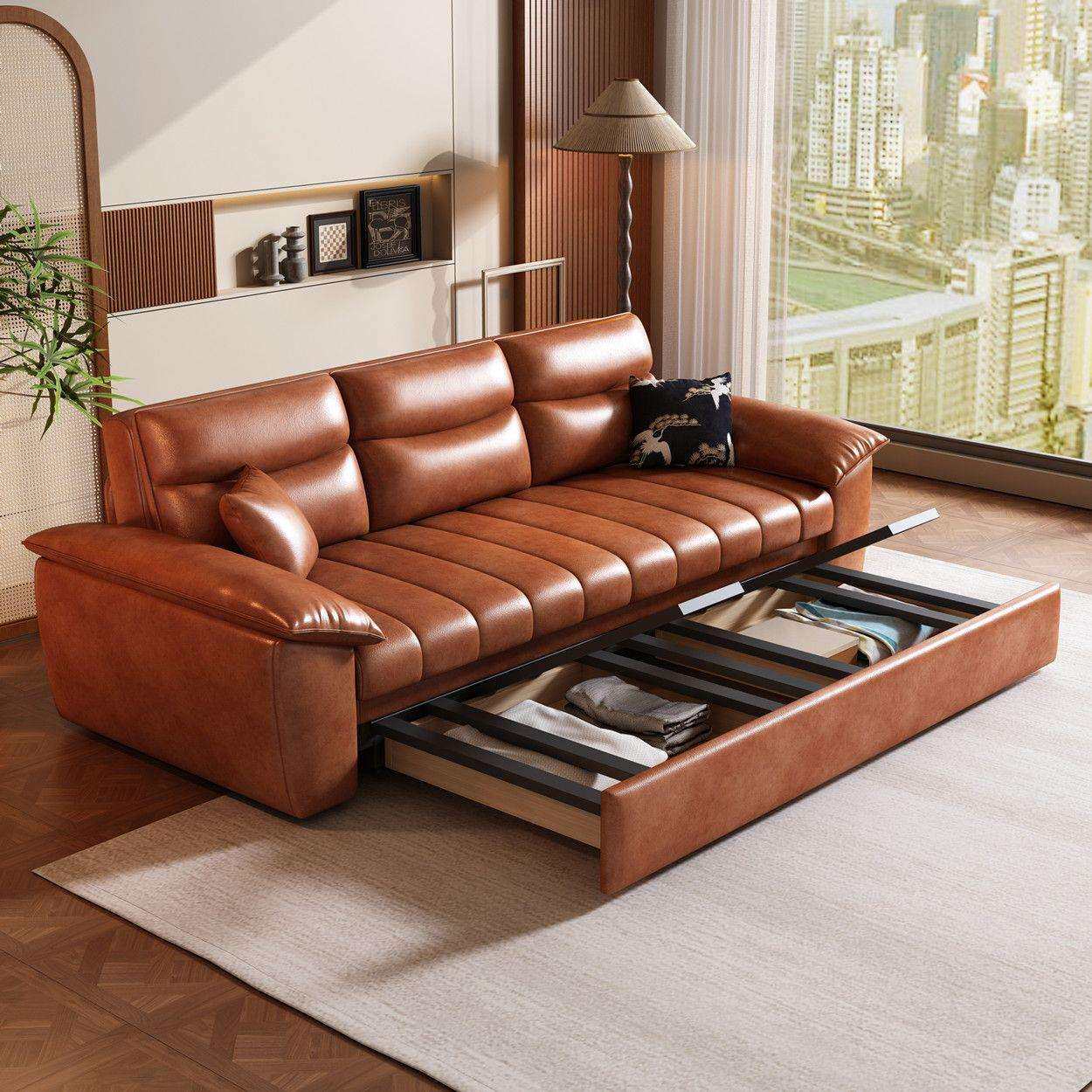 苍钢茗复古风油蜡皮沙可发床高档发床一体两用折叠储物琴键沙HPZ
