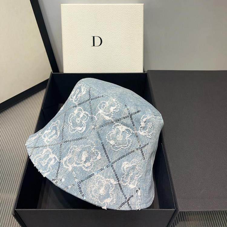 新款强推！山茶花亮片牛仔渔夫帽女百搭显脸小遮阳盆帽防晒水桶帽