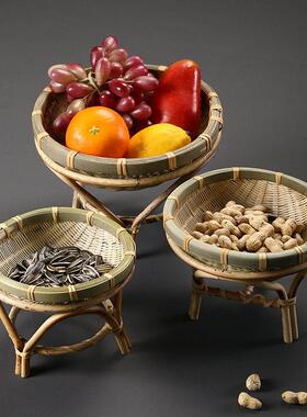 竹编架子筐手工水果篮收纳筐干果篮茶点篮果盘带架子创意家居小篓