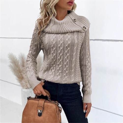 Knitted high neck pullover sweater with twisted flower