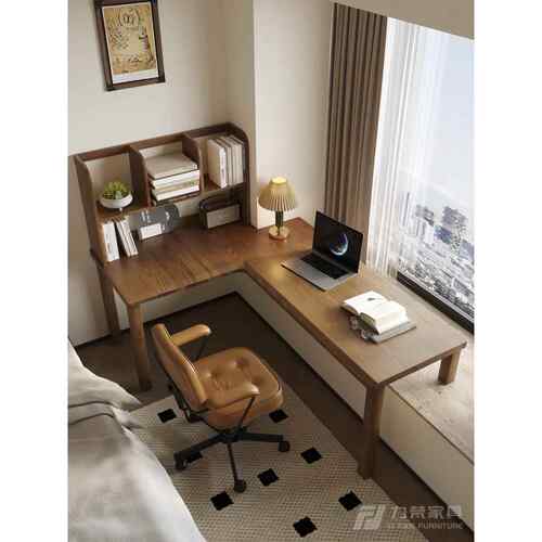 【折扣价】?卧室实木转角书桌家用学生L型电脑桌书架一体靠墙拐角