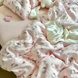 可爱KT猫水洗棉床上四件套秋冬单人被套床单床品三件套