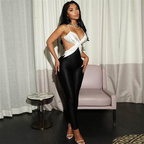 Women's Colorblock Backless Skinny Jumpsuit