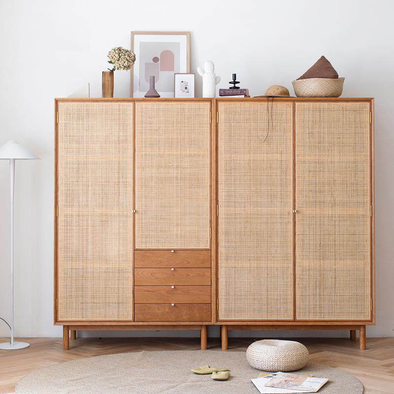 高档季衣组柜北欧简约代儿童实木衣橱藤编双门现合柜卧四室收纳储