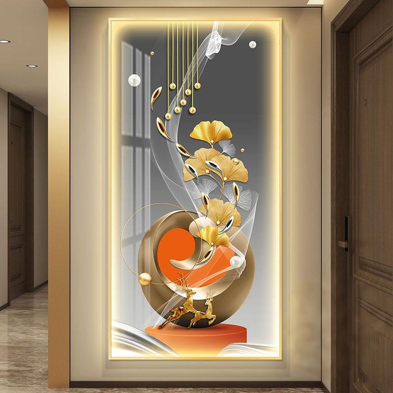 轻奢玄关装饰画带灯正对门高级感尽头过道入户走廊壁画灯光画挂画图片