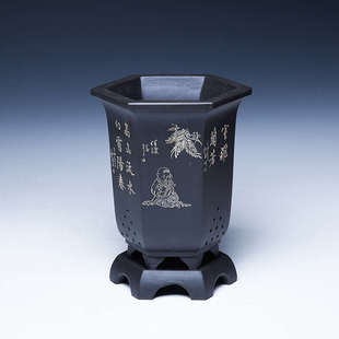 宜兴精品紫砂兰花盆六角黑色高档手工兰花花盆带托盘透气专用盆