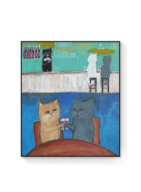 萌猫|酒吧里喝红酒的猫喵星人系列抽象艺术装饰画挂画小众版画