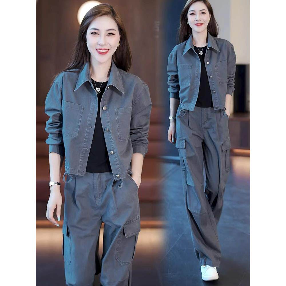 时尚牛仔套装女2025春秋新款洋气减龄短款外套工装阔腿裤两件套潮
