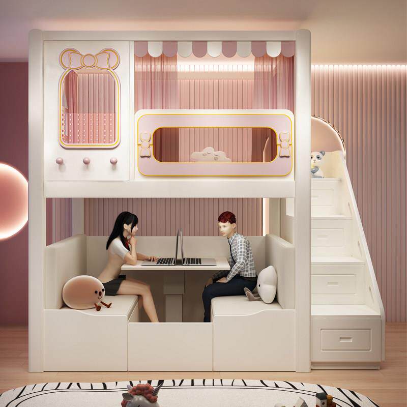 儿童上下铺高低床上床下桌带书桌衣柜一体床女孩公主床交错式组合