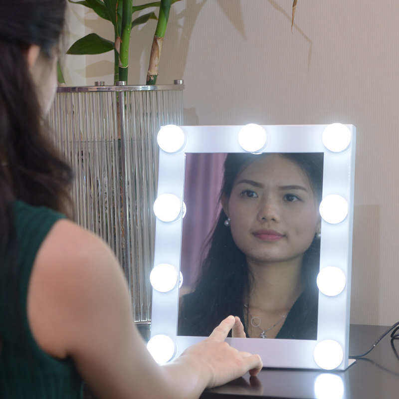 方形带灯泡化妆镜 台式LED灯美容镜子 可调光便携美容镜可订制