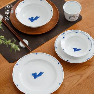 家用饭碗盘子菜盘景德镇青花手绘餐具套装 择学家花边月兔碗碟套装