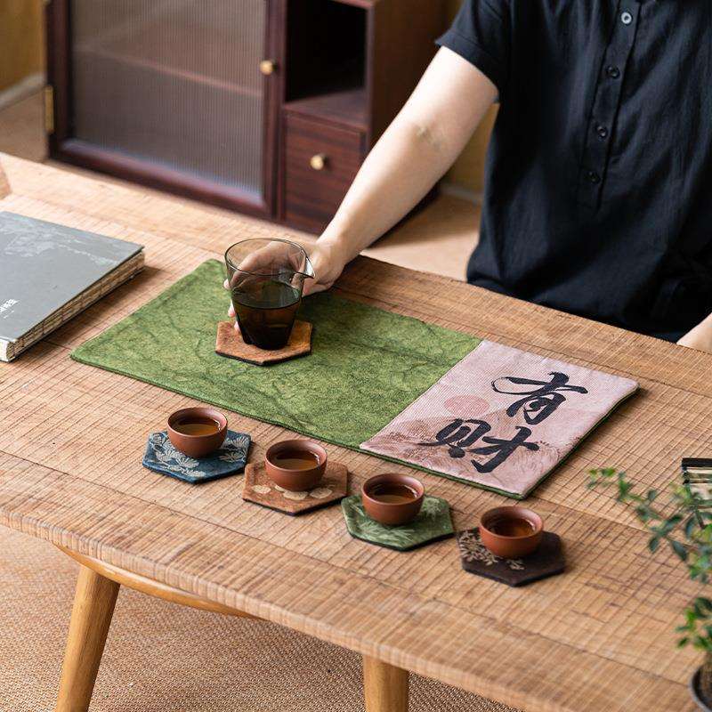 新中式书法拼布茶席草木柿色扎染桌旗干泡垫帆布隔热垫长方茶布垫