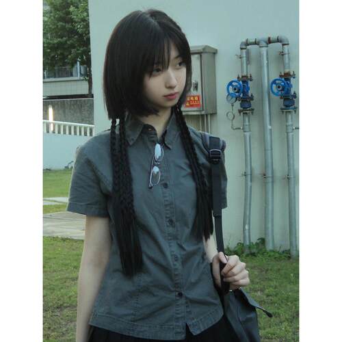 日系复古辣妹工装风短袖衬衫上衣女夏季小个子修身收腰学院风衬衫