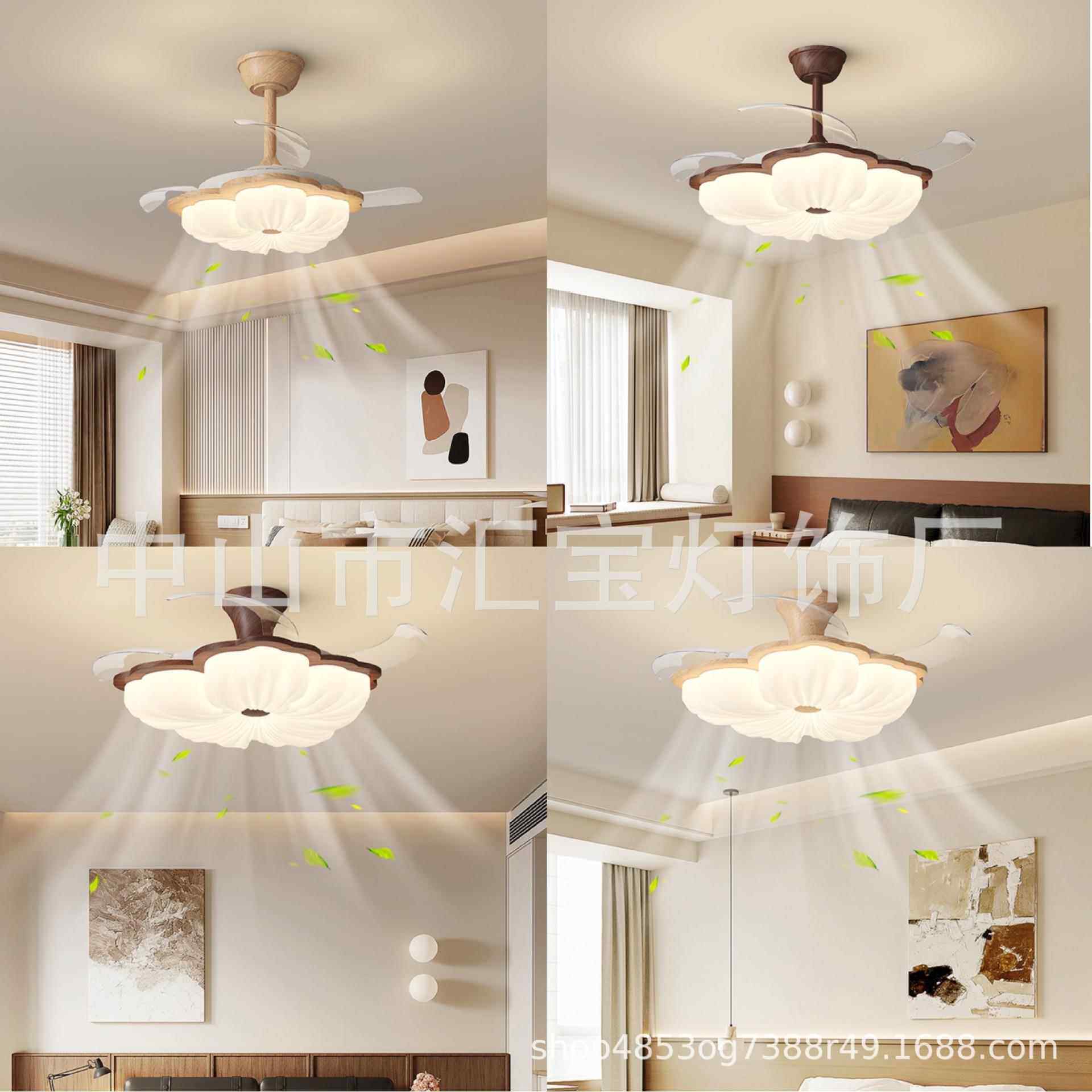 新中式复古花朵风扇灯中古风隐形静音卧室电风扇一体灯餐厅吊扇灯