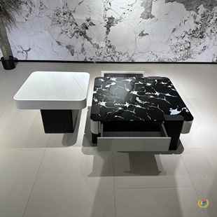 意式 客厅家别墅计师方形两晶用茶台 极简微石AGI茶几设组合整用装