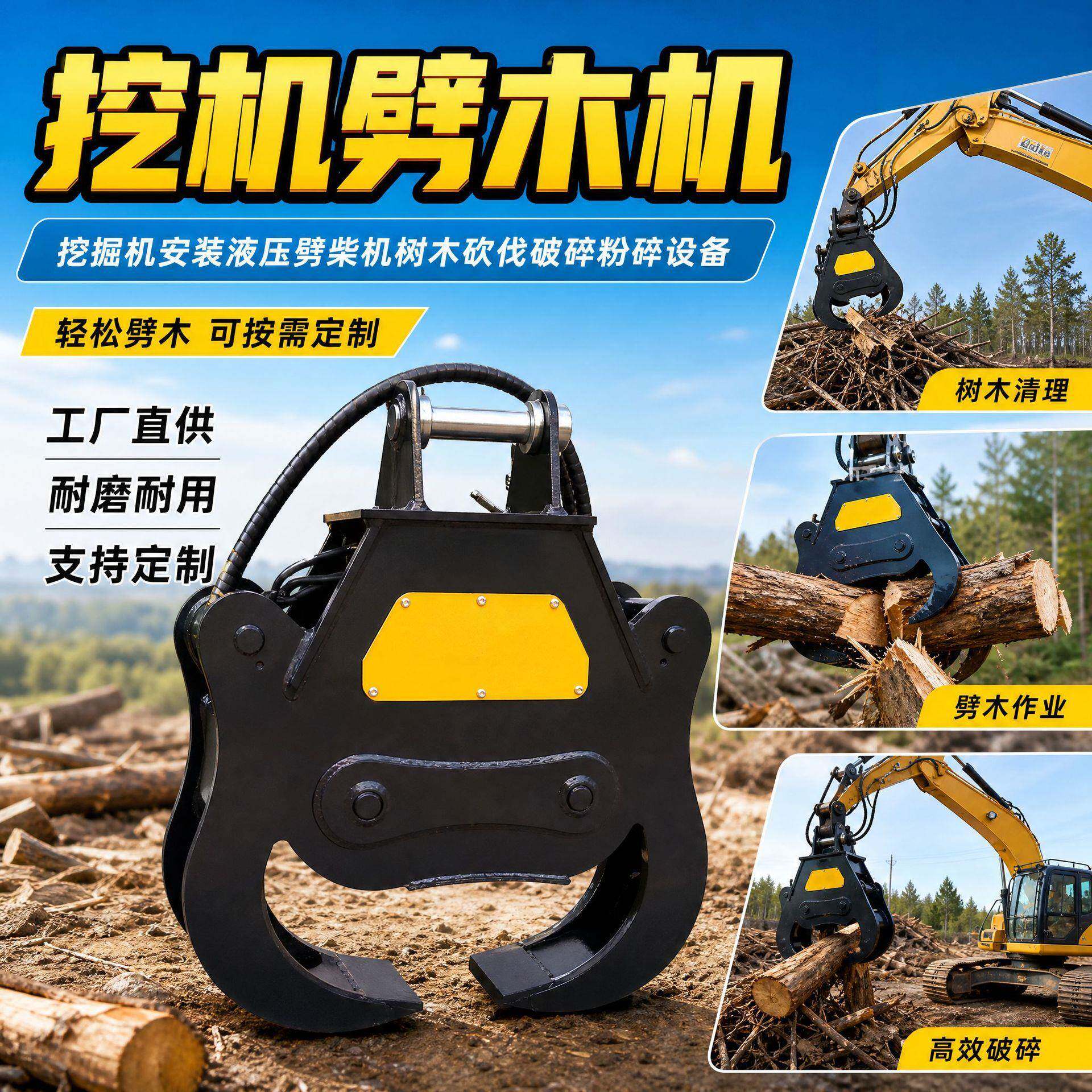 6-9吨挖机劈木器挖掘机安装液压劈柴机树木砍伐破碎粉碎设备