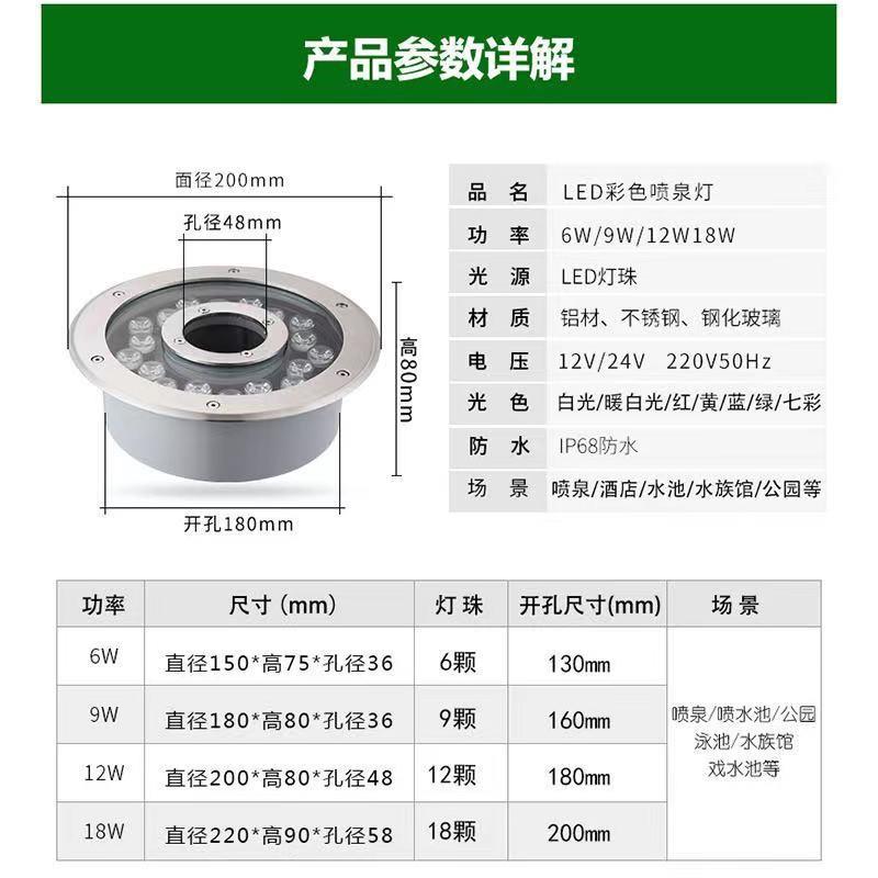 喷泉灯涌泉灯led防水不锈钢水底水下射灯水池假山中孔灯潜水灯