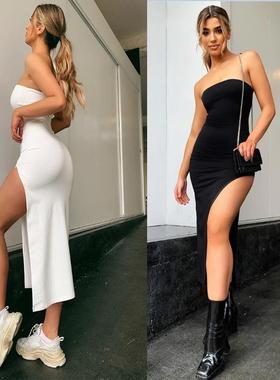 INS tube top slit long skirt solid color womens skirt sexy