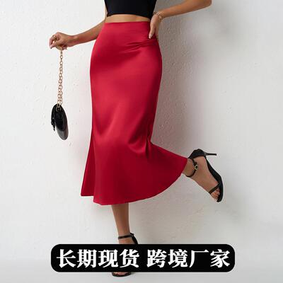 Women's fishtail half length skirt, mid length satin skirt