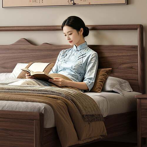 宋氏美学胡桃木实木床新中式1.5m1.8米双人主卧婚床新中式硬靠床